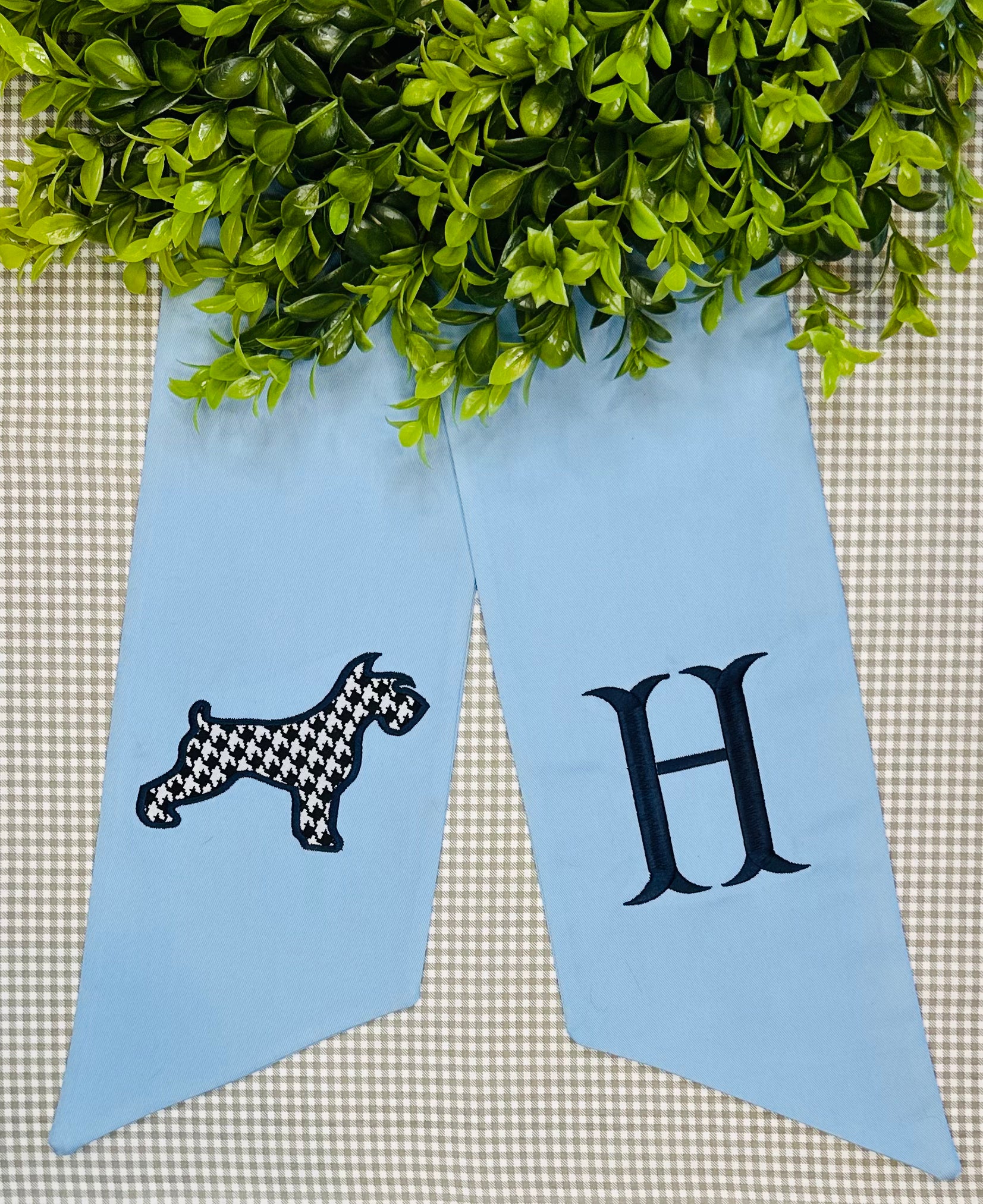 Double Wreath Sash - Houndstooth Applique Schnauzer & Fishtale Font