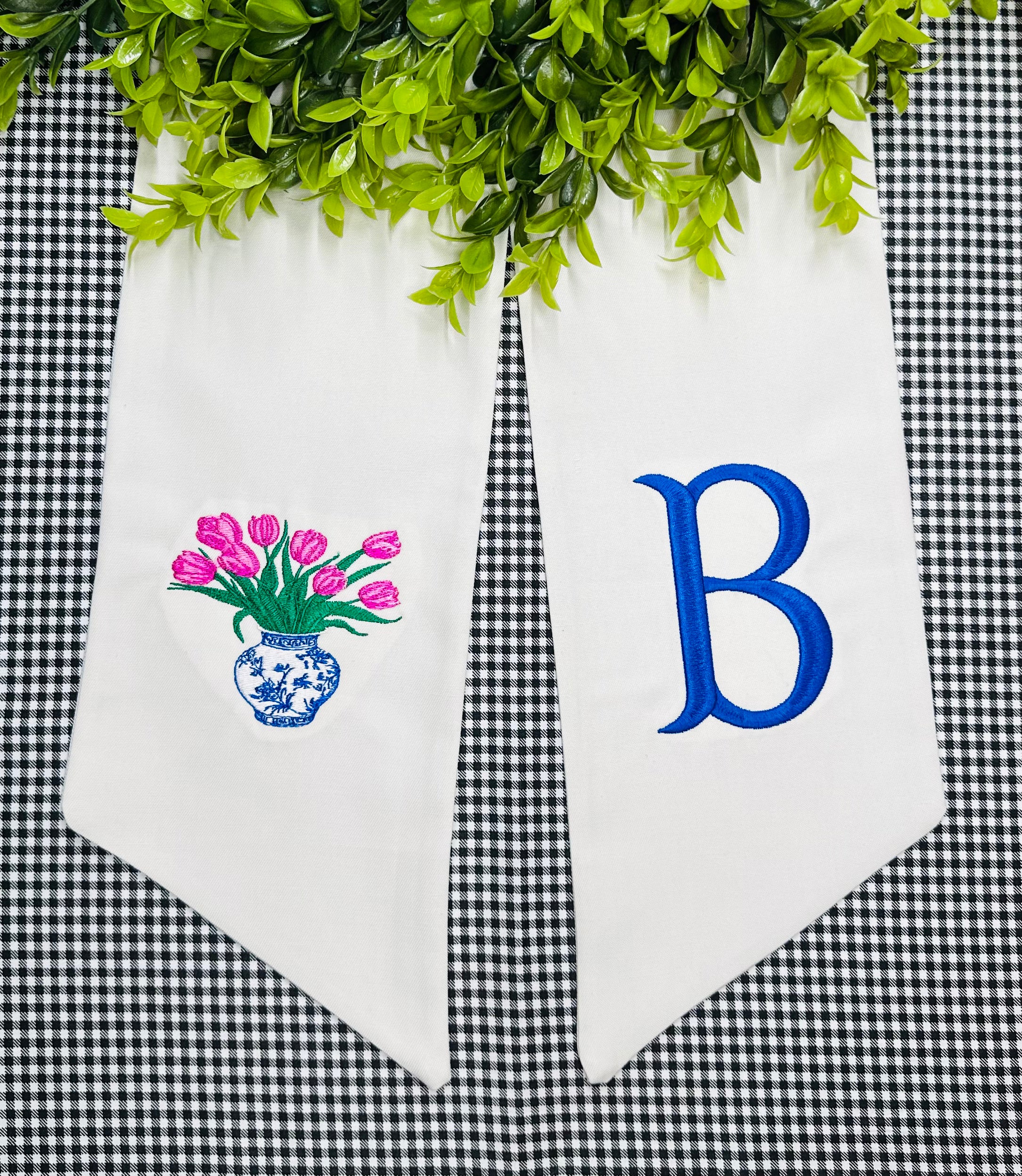 Double Wreath Sash -Ginger Jar Tulips and Fishtail Font